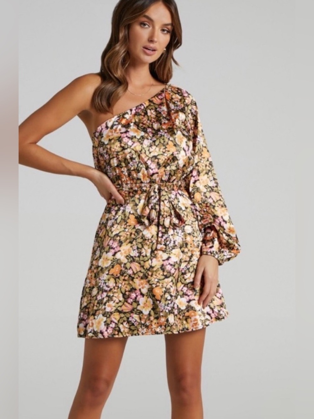 Showpo Odo One Shoulder Mini Dress Size 10 Black Floral Feminine Party